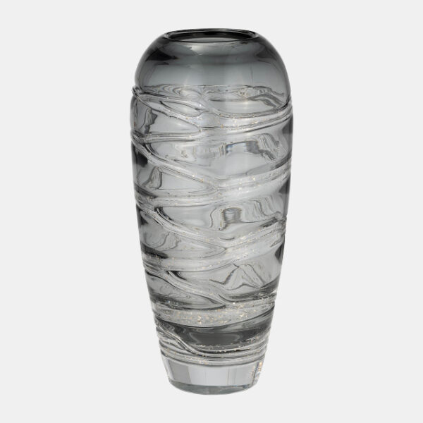 GLASS, 13"H VEINED VASE, SMOKE